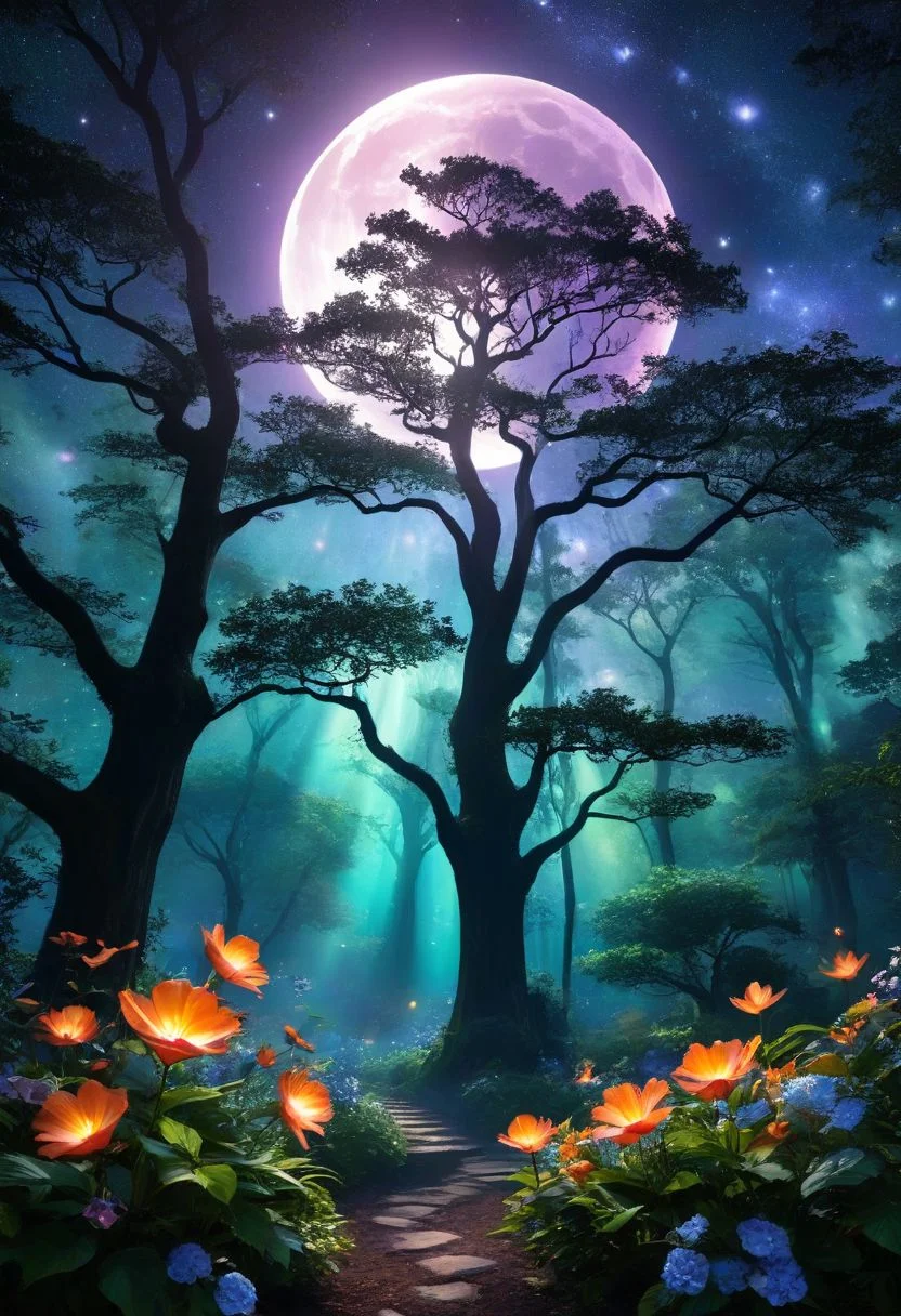 Capture the serendipitous moment: A solitary moonA lTitle: "Moonlit Garden of Cosmic Harmony" Transport yourself to a serene realm where the moon reigns supreme amidst a galaxy of swirling stardust. In this enchanting scene, a plethora of vibrant flowers, ranging from rich green black to warm yellows and fiery reds, adorn the lush forest floor and reach up towards the heavens. These flowers, each unique in their own right, create a kaleidoscope of color that captivates the eye. The moon, a beacon of tranquility, bathes the landscape in its ethereal glow, casting delicate shadows among the foliage. Its luminous light dances upon the petals of the flowers and the leaves of the trees, illuminating the intricate details of each element with breathtaking clarity. Surrounding the moon, the Milky Way stretches across the night sky like a celestial tapestry, adding depth and mystery to the scene. Dark silhouettes of towering trees frame the composition