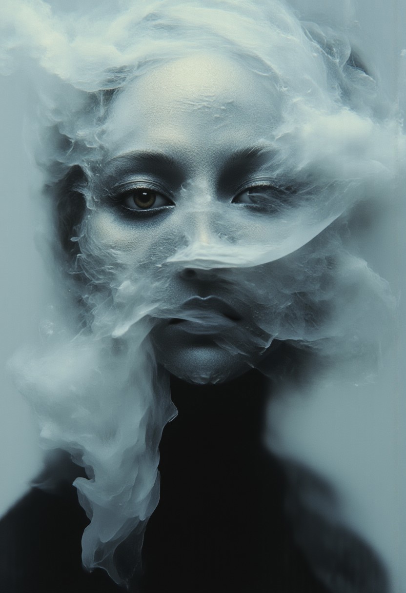 Eye liner, film grain, Korean Model, smoky ethereal face, grey and blue, color makes an outline of his face in the hazy smoke, one point source of light , diffused around the smoke, watery like appearance, mixed theme portrait, By Tom Nulens
