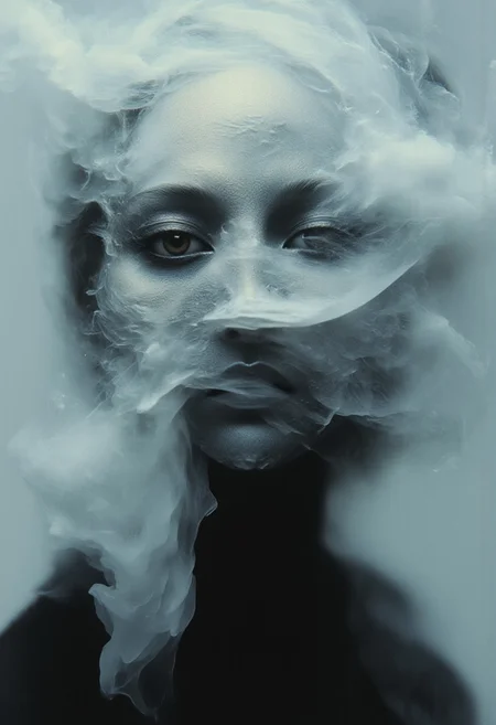 Eye liner, film grain, Korean Model, smoky ethereal face, grey and blue, color makes an outline of his face in the hazy smoke, one point source of light , diffused around the smoke, watery like appearance, mixed theme portrait, By Tom Nulens