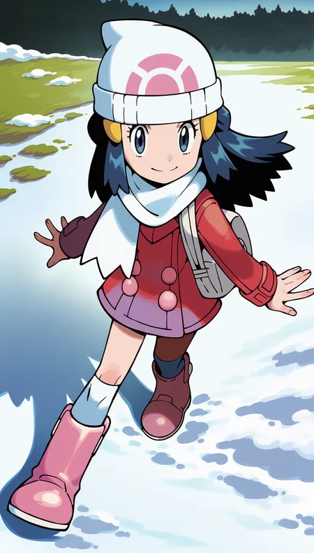 score_9,score_8_up,score_7_up,
highres,highly detailed,
<lora:hikaridawn:0.8>,
hikaridawn,
1girl,solo,
navy blue hair,long hair,
looking at viewer,smile,
white beanie,pink hair clips,red overcoat,white scarf,white shoulder bag,
white kneehighs,light pink boots,
full body,walking,from above,looking up,holding own scarf,
background,vignetting,outdoors,snowfield,snow,winter,footprints,