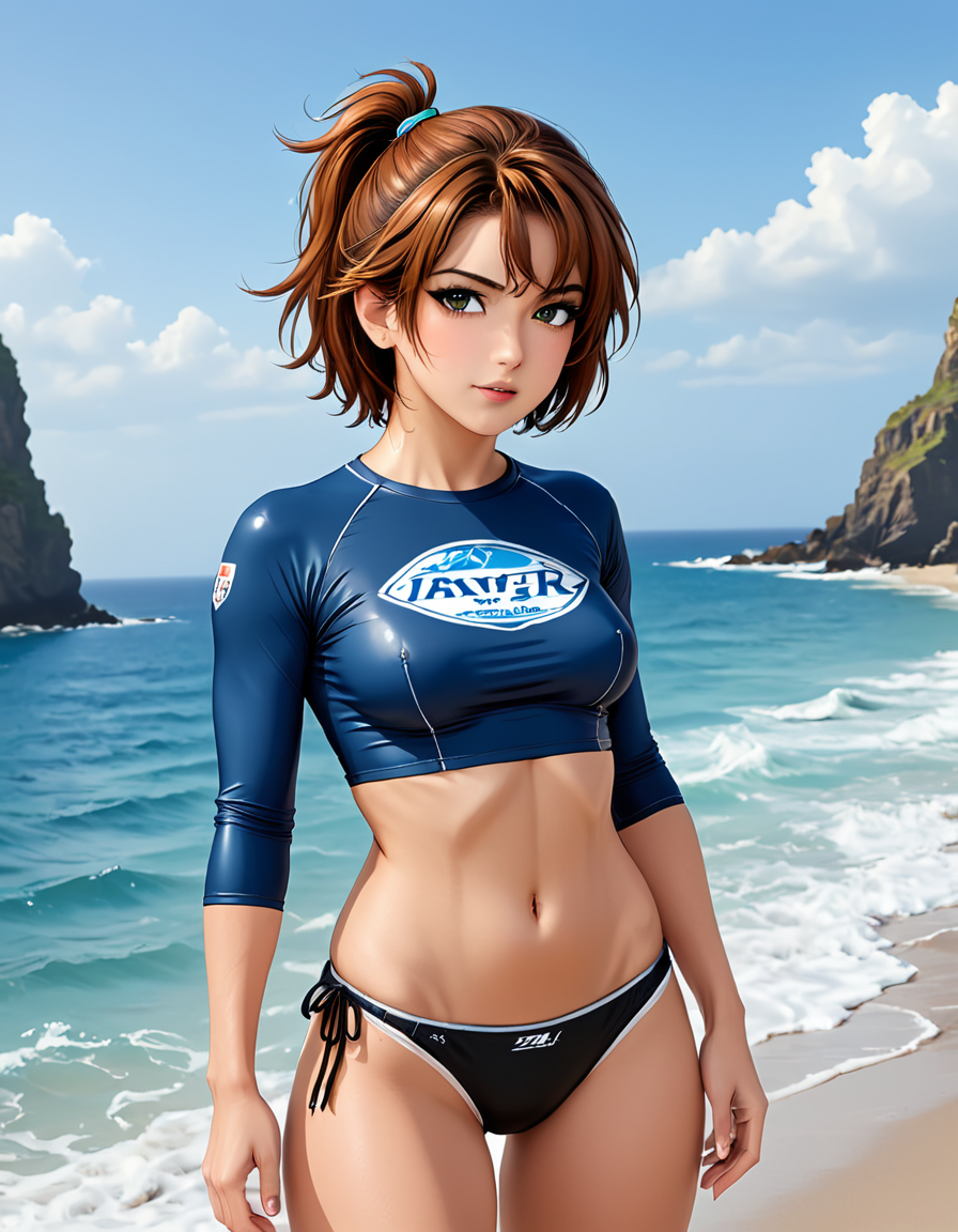 anime, 1girl, sensitive, masterpiece, very aesthetic, very pleasent, elegant, high resolution, perfect hand, 1girl, rash guard, solo, navel, raglan sleeves, looking at viewer, brown eyes, brown hair, outdoors, shorts, ocean, small breasts, long sleeves, breasts, day, midriff, blush, sky, black shorts, horizon, short hair, standing, blue sky, cowboy shot, clothes writing, water, short shorts, crop top, stomach, wet, ponytail, sidelocks, shirt, swimsuit, beach, extremely detailed, arms behind back, in the style of  <lora:CheekyXL-V1_epoch_10:1> cheekyxl