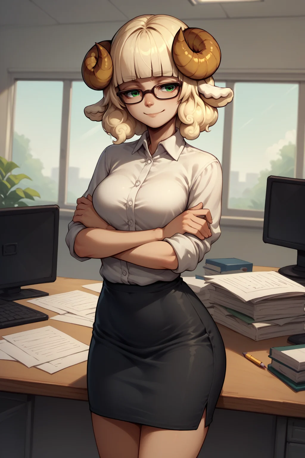 score_9, score_8_up, score_7_up, 1girl, solo, <lora:NSWeresheepMGE:0.9> NSWeresheepMGE, green eyes, medium hair, blunt bangs, sheep horns, sheep ears, white shirt, pencil skirt, glasses, crossed arms, slight smile, office, indoors
