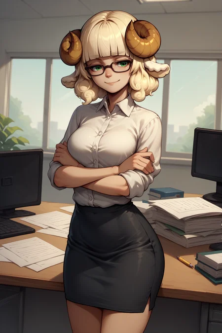 score_9, score_8_up, score_7_up, 1girl, solo, <lora:NSWeresheepMGE:0.9> NSWeresheepMGE, green eyes, medium hair, blunt bangs, sheep horns, sheep ears, white shirt, pencil skirt, glasses, crossed arms, slight smile, office, indoors