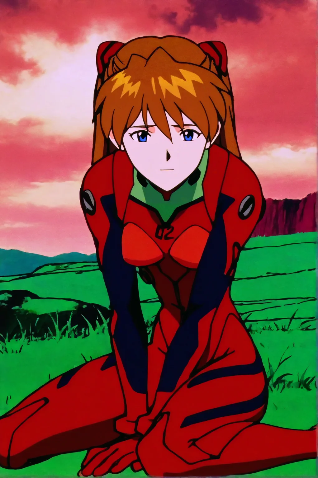 masterpiece, best quality, anime screencap, Asuka Soryu Langley, Eva Bodysuit, red sky, cloud, day, grass, nature, outdoors, sitting, solo, wariza <lora:JN_Asuka_Soryu_Langley_Illus:0.8>