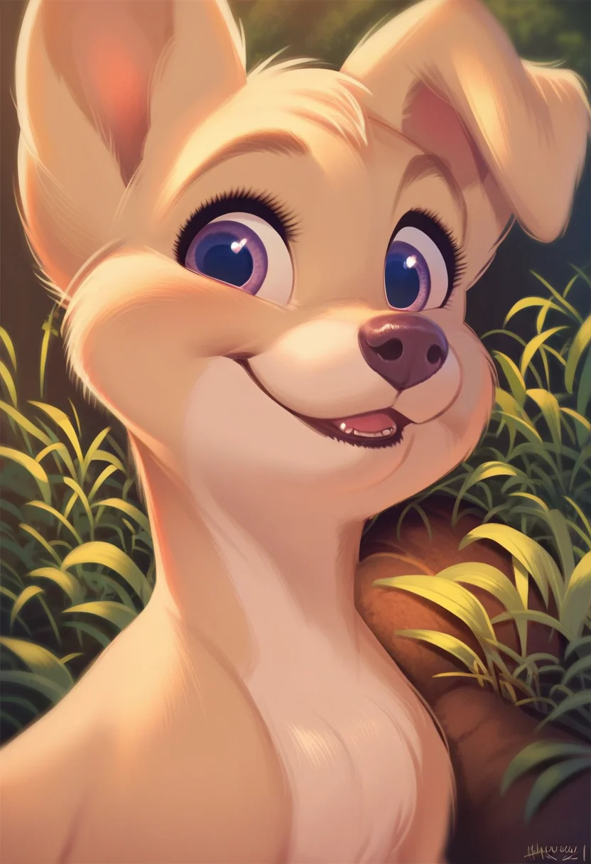 score_9, score_8_up, score_7_up, score_6_up, score_5_up, score_4_up, by imalou, feral, AngelXL, 1girl, dog, purple eyes, beige fur, eyelashes, female, cute, smile, looking at you, portrait, detailed, beautiful, 8k <lora:Imalou_style:1> <lora:checkpoint-e94_s846:0.9>