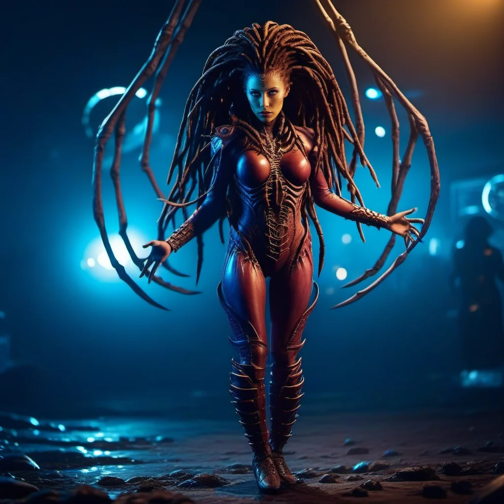 cinematic photo a full body science fiction monster woman, dreadlocks, spaceship<lora:InfestedKerrigan1024:0.8> . 35mm photograph, film, bokeh, professional, 4k, highly detailed