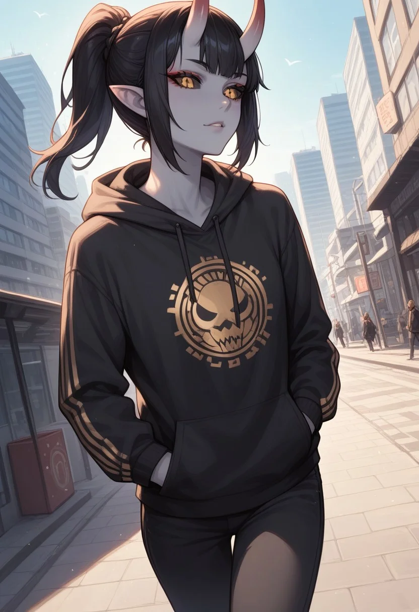 score_9, score_8_up, score_7_up, score_6_up, rating_questionable, 1girl, Polly, PollyRH, oni horns, pointy ears, colored sclera, third eye, black sclera, slit pupils, grey skin, long black hair, ponytail, gold eyes, HD32k, dynamic pose, aesthetic, perspective, solo, detailed, sensual look,  walking, black print hoodie, pants, city, angle shot, hands on pockets, looking away, pensive