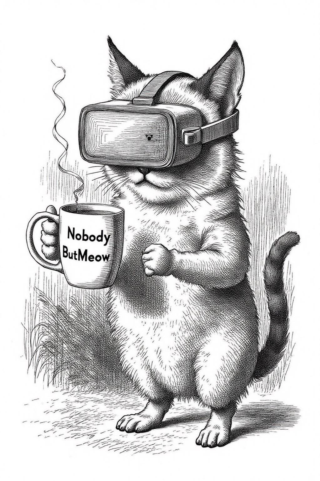 joten1 illustration.
Grumpy Cat holidng a coffee mug, wearing a VR Headset. The mug has the phrase "NobodyButMeow"  <lora:joten1_cap_d6a3e12:1.0><lora:821754113047084416:0>