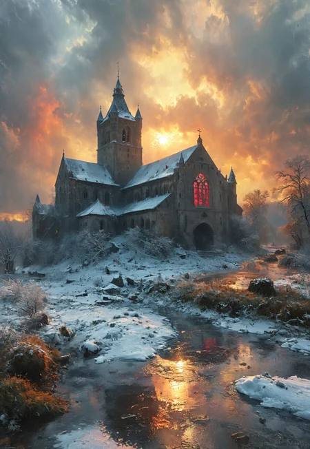cinematic view of a fortified church , soldiers ,battlefield, A gothic cathedral covered in ice and snow. Forest. Thunderstorm, lightnings, At sunset, vibring color,  reflections on rose_windows, Icy, Cold touch, ominous atmosphere, explosion, style of Andreas Achenbach, monet,  oil painting, style of Andreas Achenbach