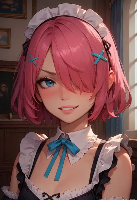 score_9, score_8_up, score_7_up, score_6_up, 
1girl, 25 years old, perfect face, cute, petite, close view,
pink hair, short hair, hair ornament, hair over one eye, x hair ornament,blue ribbon, 
maid headdress, black dress, black ribbon, detached collar, detached sleeves, frilled collar, frilled dress, 
blush, frustrated, smirk, smug, portrait, face focus, detailed face, 
inside, castle, big windows, paintings, detailed background,