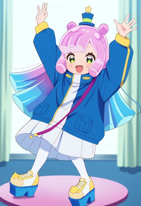 score_9, score_8_up, score_7_up BREAK Puniru, 1girl, long pink cyan gradient hair, odango hair, blunt bangs, green eyes, blue top hat with green band and star, white blue jacket with yellow accents, short blue tights, yellow white platform shoes, white shoe soles, anime, source_anime, happy dancing,