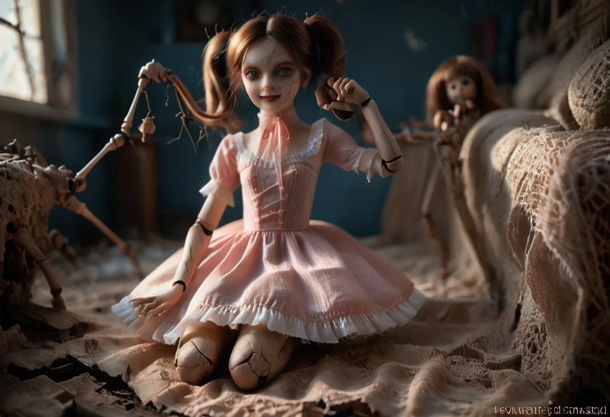 masterpiece, ultra detailed, detailed background, (cr@ckedp0rcelainT2),detailed face, 4k, HD, 8k, highres, antialiasing, detailed, texture, an ol doll, doll joints, evil smile, (cracked skin:1.75), cr@ckedp0rcelainT2, sweetegl, sweetop, swe3tjsk, bl0use, 
full body portrait of a tattered dusty old creepy voodoo doll, with a old dirty frill mini dress, all fours, 
twin tails, petite, skinny, round face, freckles, brown hair, large breasts, perfect round breasts, big erect nipples, extremely narrow waist, 
wearing a long dusty stained patchwork dress, haunted scene, spider, webs and potions on shelf, horrific details, very detailed, 
 arcane circle, eye level angle, intricate details, highly detailed, insanely detailed, 8K, hd, cinematic lighting, centered compositon, photorealistic, high resolution, hyper-realistic, ultra-detailed, cinematic lighting, rim lighting, volumetric lighting, sharp focus, shallow depth of field.