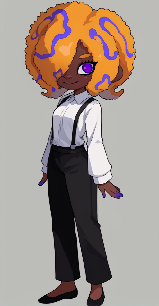 score_9, solo, 1girl, dark skin, black pants, pants, purple eyes, hair over one eye, shirt, white shirt,  afro, <lora:tao_blu_splatoon:1>