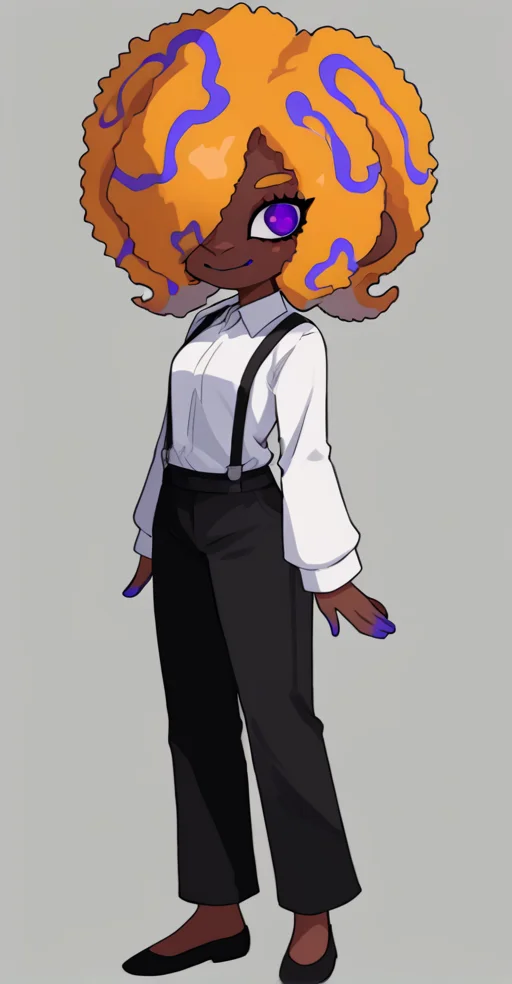 score_9, solo, 1girl, dark skin, black pants, pants, purple eyes, hair over one eye, shirt, white shirt, afro, <lora:tao_blu_splatoon:1>