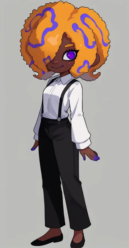 score_9, solo, 1girl, dark skin, black pants, pants, purple eyes, hair over one eye, shirt, white shirt, afro, <lora:tao_blu_splatoon:1>