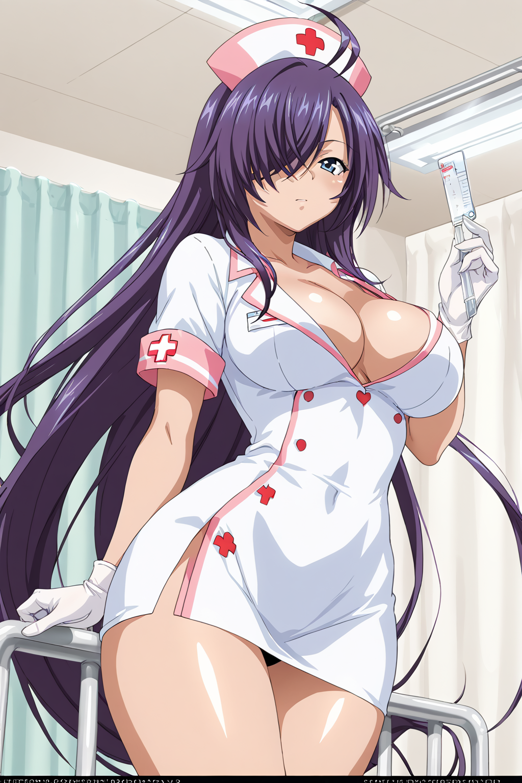 score_9, score_8_up, score_7_up, BREAK source_anime, masterpiece, anime screencap, shiny skin, thick thighs,
1girl, kan'u unchou, very long hair, ahoge, purple hair, blue eyes, hair between eyes, hair over one eye, large breasts,  <lora:kan'u_pony-000019:0.9>
nurse, cleavage, hospital,