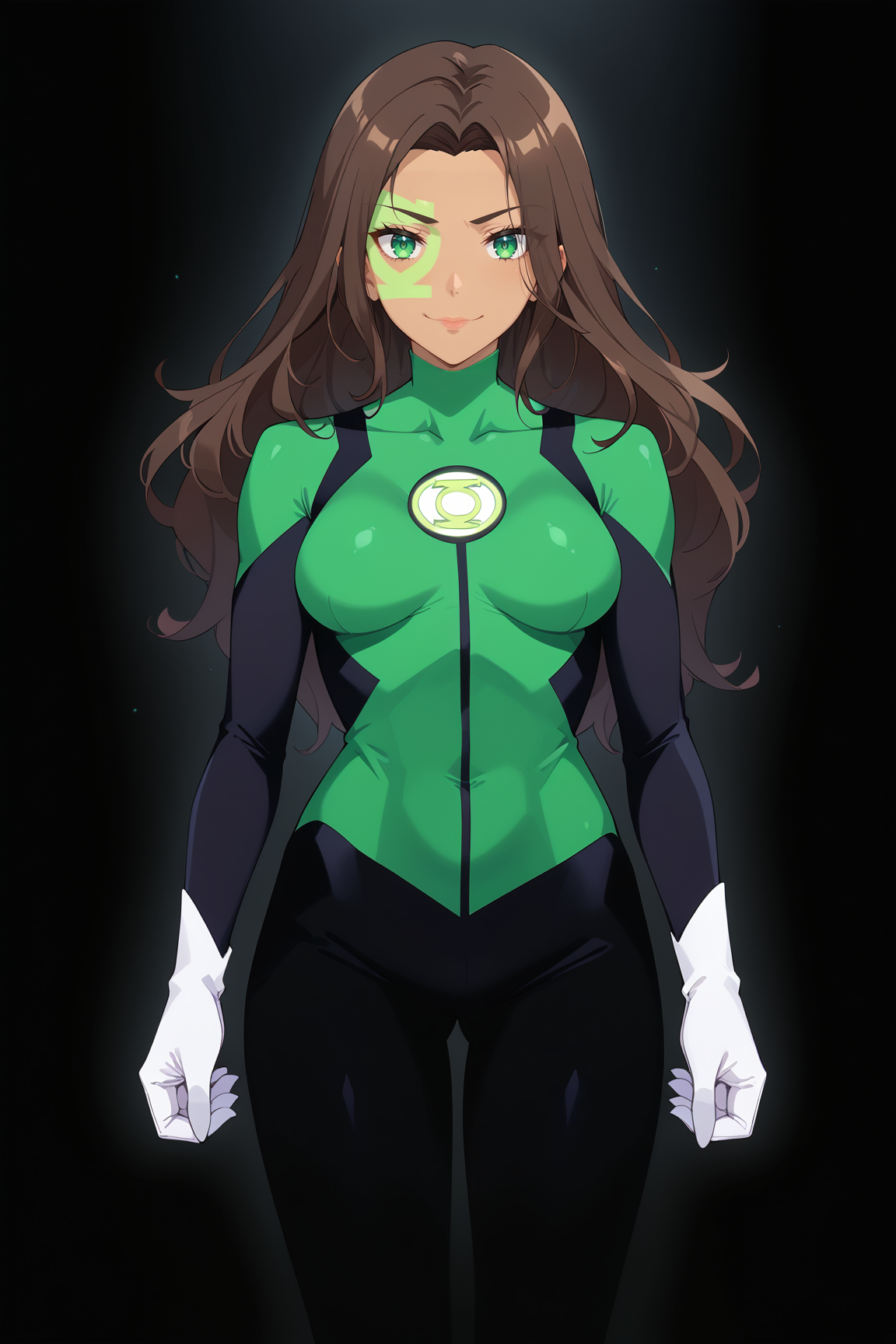 score_9, score_8_up, score_7_up, source anime, prefect lighting, very aesthetic, BREAK, 
 <lora:jessica_cruz_v1-pdv6:0.9>, 1girl, green lantern, green eyes, brown hair, long hair, dark skin, facepaint, medium breasts,
supcruz, superhero, black bodysuit, green bodysuit, white gloves, white footwear,
BREAK, looking at viewer, light smile, 
BREAK,