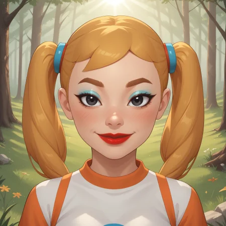 score_9, score_8, BREAK, solo, mii, wii, wii sports, 1girl, female mii, cute, attractive, blonde hair, twintails, dark blonde eyebrows, makeup, blush, blue eyeshadow, red lips, lipstick, orange clothing, white pants, breasts, Nintendo Mii, modern_mii, classic_mii, Midoriya_(OC_Mii), black eyes sexy pose, smile, outdoors, sunlight, shadows, evening lighting, natural lighting, forest, trees, grass, orange sky, sunset