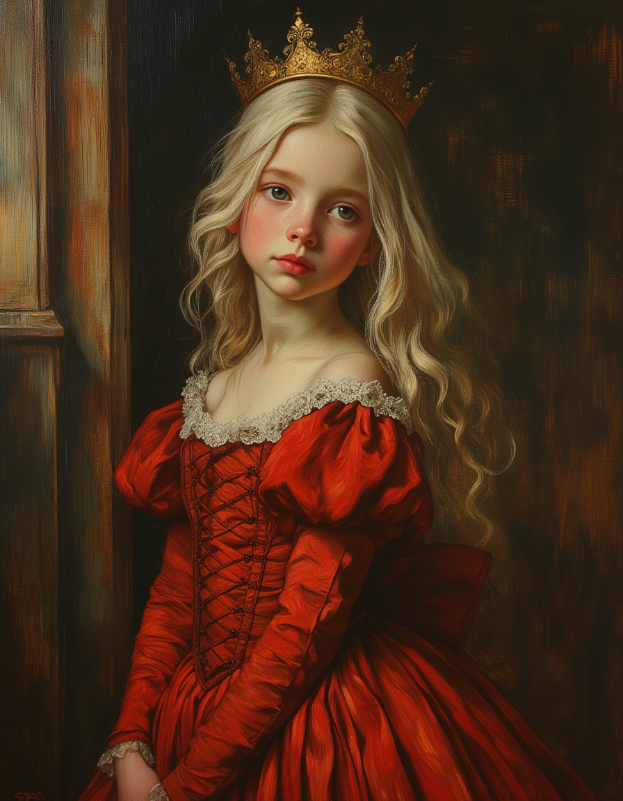 masterpiece, high quality, Oil Painting, Hyper-realistic, hyper-detailed picture of a 12 year old princess a proud look on her face. The princess has a petite body, porcelain white skin, long flowing blond hair, and bright green eyes. The princess is wearing an ethereal red Rococo dress that is tightly corseted, hooped, and bustled and a gold crown on her head. The princess is standing inside a castle. Focus on the princess. Shadow and light, Masterpiece, intricate lines, intriguing atmosphere, sharp magnificent details, delicate features, elaborate details, (2\3 rule composition:0.5), ultra detailed, romantic, Rembrandt lighting, brush stroke, lovely, del1cate_balance style, novuschroma, in the style of Rembrandt. vantablack <lora:style_of_Rembrandt_FLUX_135:.8> <lora:- Flux1 - vanta_black_V2.0:.6> <lora:Delicate_Balance:.3>  <lora:neeeg_f1:-1> <lora:OBååå®èåç»V2.0:.8>