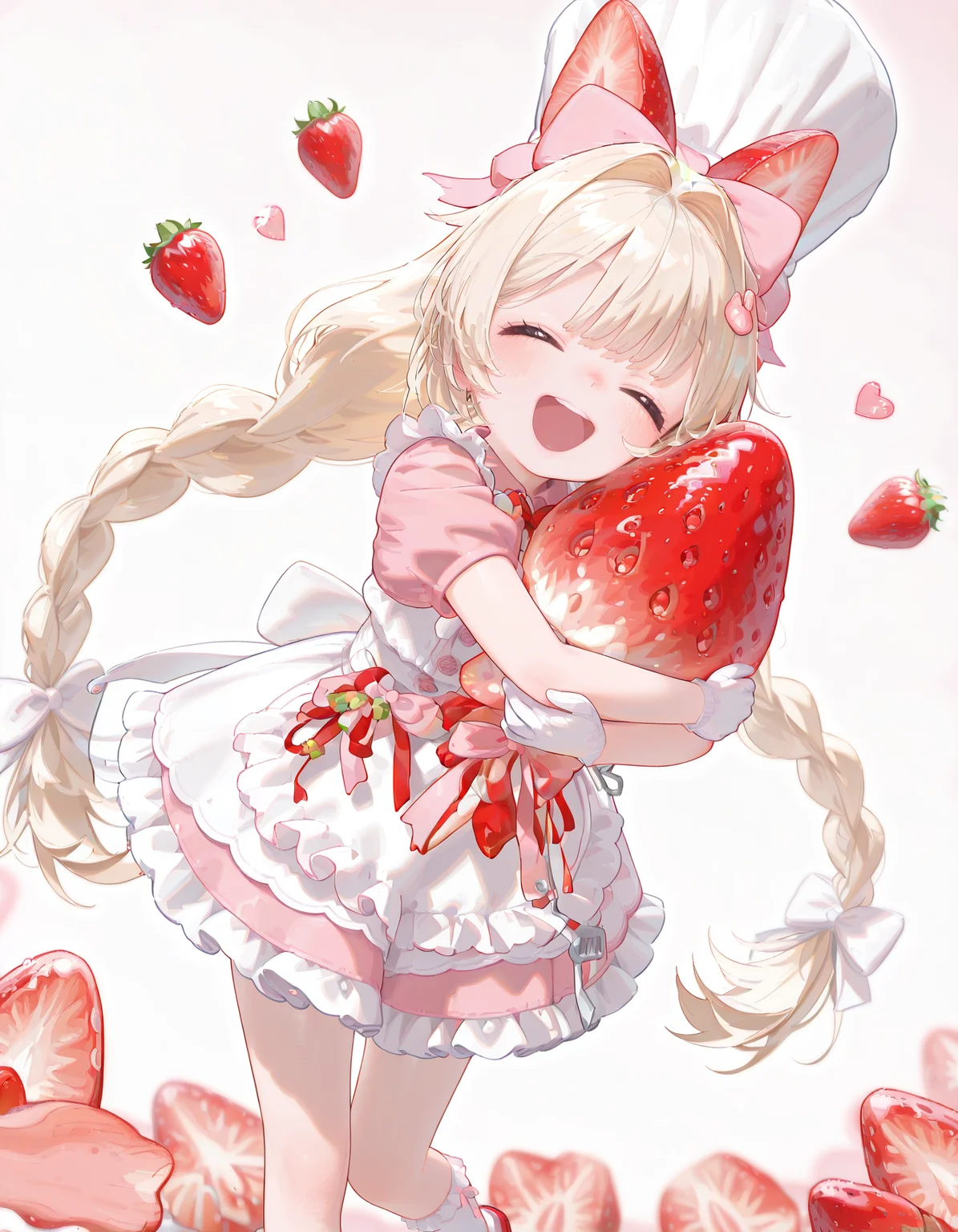 masterpiece, best quality, amazing quality, very aesthetic, absurdres, newest, volumetric lighting,dutch angle,1girl,solo,happy,closed eyes,open mouth,smile,<lora:Crust_NIKKE:1>crust (nikke), blonde hair, twin braids, long hair, , hair bow, hair ornament, chef hat, pink dress, white apron, white gloves,white socks, red shoes, bow, ribbon, strawberry hat ornament, skindentation,mini person, white background, oversized object,hug strawberry,
,pink background,heart background,skindentation,masterpiece, best quality, amazing quality, very aesthetic, absurdres, newest, volumetric lighting, <lora:c_:1>