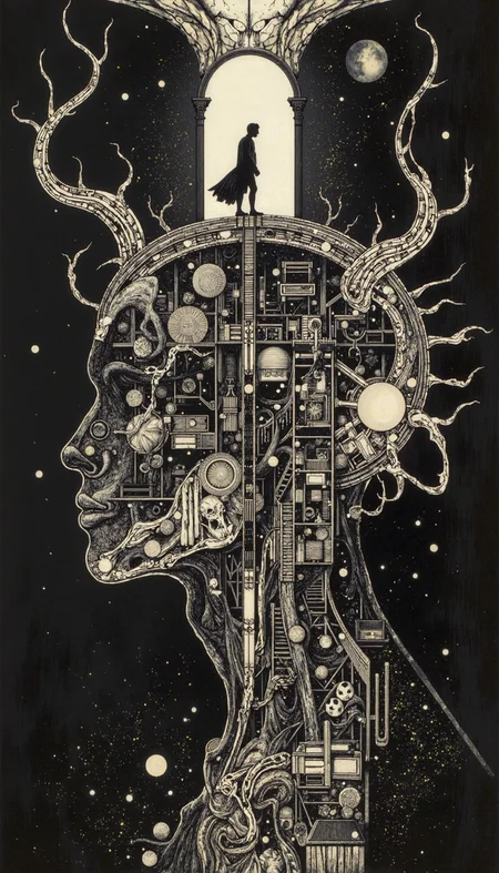 Bioluminescent, A tenebrous and labyrinthine dreamscape rendered with meticulous cross-hatching, evoking the style of an Escherian woodcut. A man in profile, his form a silhouette save for the intricate architectural skeleton replacing his cranium. Stairs ascend and descend precariously within this cerebral edifice, culminating in a forlorn figure perched at a precarious apex. Light, emanating from a fractured aperture in the structure's depths, casts dramatic chiaroscuro, emphasizing the vertiginous perspective. The composition, a stark juxtaposition of the organic and the constructed, is rendered in a restricted palette of inky blacks and spectral whites, amplifying the sense of psychological disquietude.