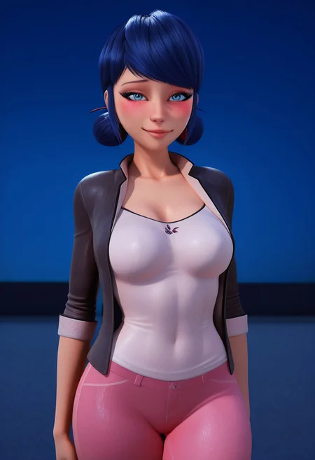 masterpiece,best quality, detailed background, 3d, realistic, ryanreos, 22 years old, mature woman, adult, tall, solo, imtdmarinetteillus, 1girl, blue eyes, blue hair, medium length hair, swept bangs, hair up, hair stick, sensual stamce, double bun, shirt, pants, jacket, pink pants, capri pants, sleeves rolled up, medium breasts, wide hips, thick thighs, blush, seductive smile, cowboy shot, night, moonlight, <lora:RyanreosILv4:1> full body, sexy stance, sensual stance, sensual posture,, looking at viewer,