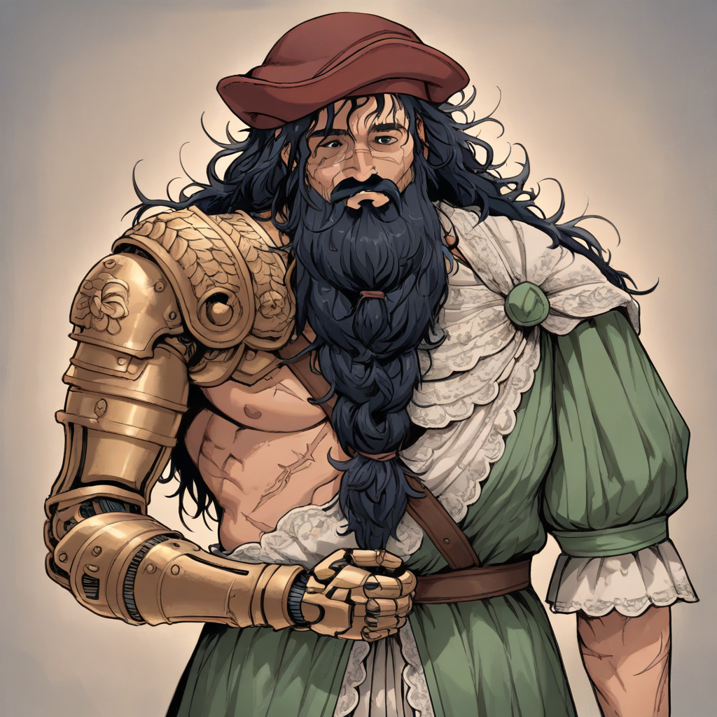 masterpiece, best quality, newest, absurdres, highres, SPAV1.0IL-right, right prosthetic arm, prosthetic arm,  prosthesis, single mechanical arm, 1boy, dwarf, beard, long beard, braided beard, messy hair, black hair, hat, muscular male, scar, scar on face, renaissance clothes, renaissance,