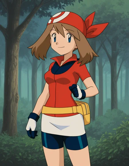 official style,may (pokemon), pokemon (anime), 2000s,brown hair, blue eyes, red bandans, red shirt, short sleeves, gloves, white pouch, white skirt, short skirt, pencil skirt, bike shorts,(standing:1.5),
explicit,(anime screencap), 2d cel anime,anime cap,anime,anime style,anime cel,cell shadedsoft brightness,perfect face,perfect nose, perfect hair, perfect eyes,perfect female body,perfect skin,a face of perfect proportion,perfect lighting,perfect anatomy,perfect proportion,perfect hands,perfect legs,perfect fingers,masterpiece,hair between eyes,
breasts,
perky breasts,best quality,very aesthetic,absurdres,16k,intricate detail,amazing quality,(bold:3.12),thick outline,black outline,harsh lines,soft lines,deluster,boldline,curvy,(anime coloring:1.2), smile,slim,
looking at viewer,
super fine illustration,detailed linework,vibrant colors,kawaii,flat color,outdoors,forest, <lora:ãã±ããã¢ã³ã¹ã¿ã¼ãã«ã«åå ´çã¢ãã¡ä½ç»é¢¨PokemonMayMovie_ANIME_Styleillustrious-000015:1:0.8>