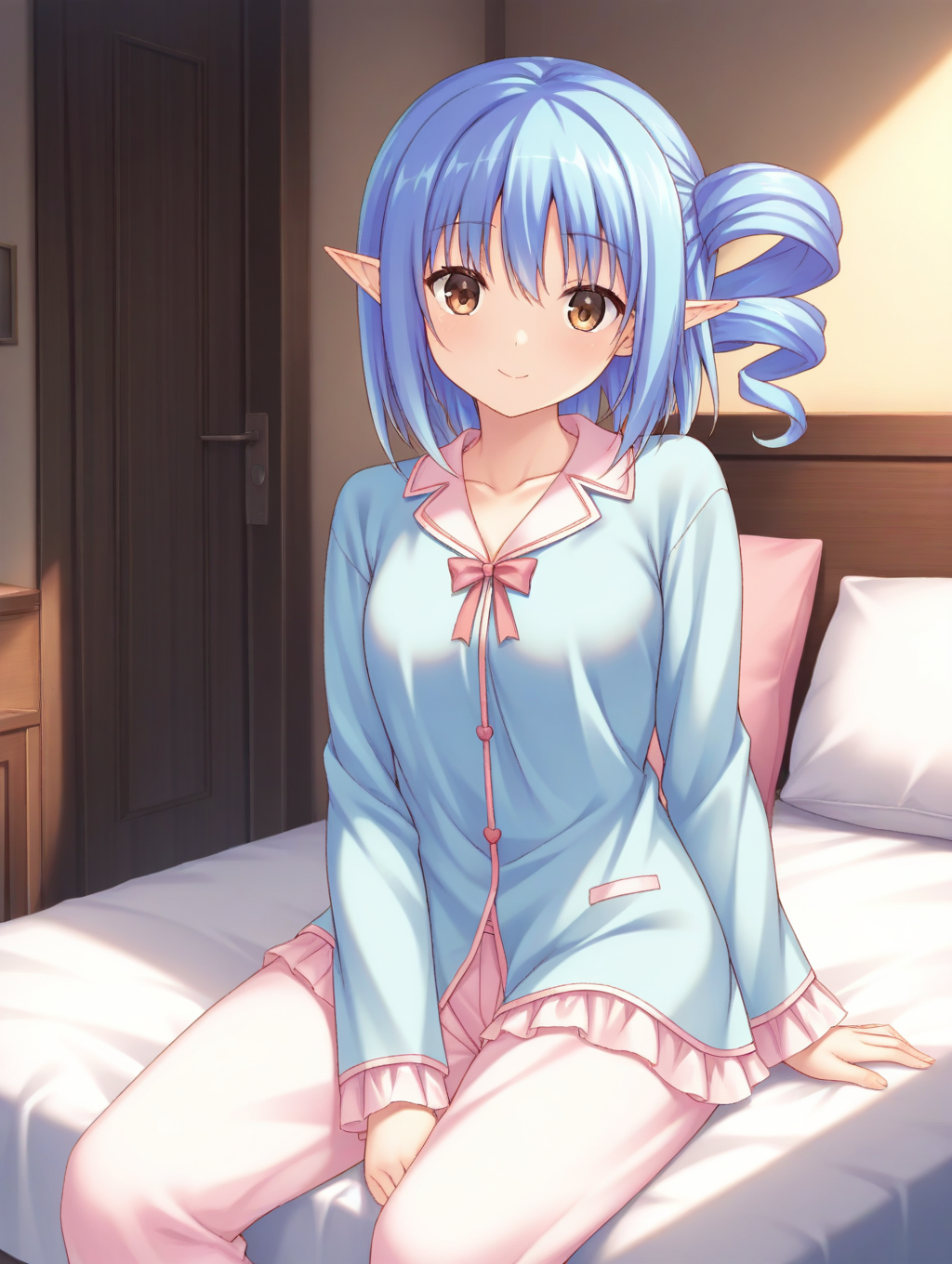 masterpiece,best quality,amazing quality,very aesthetic,absurdres,newest,scenery,<lora:Aria Aliialia_ilxl_v1-000010:0.8>,1girl,solo,blue hair,pointy ears,smile,pajamas,on bed,sitting,ribbon,bow,brown eyes,drill hair,aria aliialia,looking at viewer,