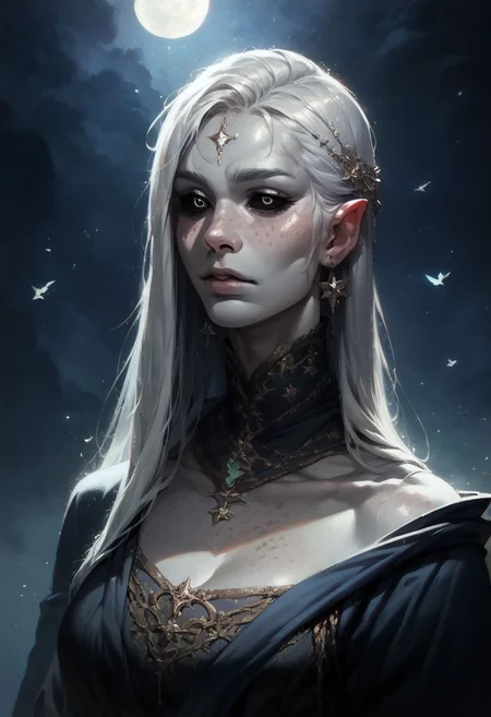 score_9, score_8, score_7_up, score_6_up, rutkowski style, eldenscene, female witch with grey skin and starry freckles, black eye sclera and silver irises, long silver hair and eyelashes, dressed in flowing robes, wearing a starry veil, night sky background