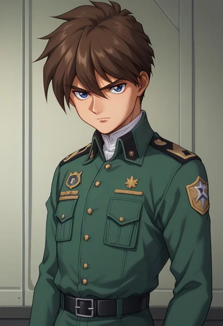 score_9, score_8_up, score_7_up, source_anime, highly detailed,
heeroyui, 1boy, solo, male focus, uniform, brown hair, blue eyes, military uniform, military, belt, clenched hands, parody, indoors, looking at viewer, long sleeves, pants, upper body, weapon, gun, holding gun, aiming
indoor, hangar,