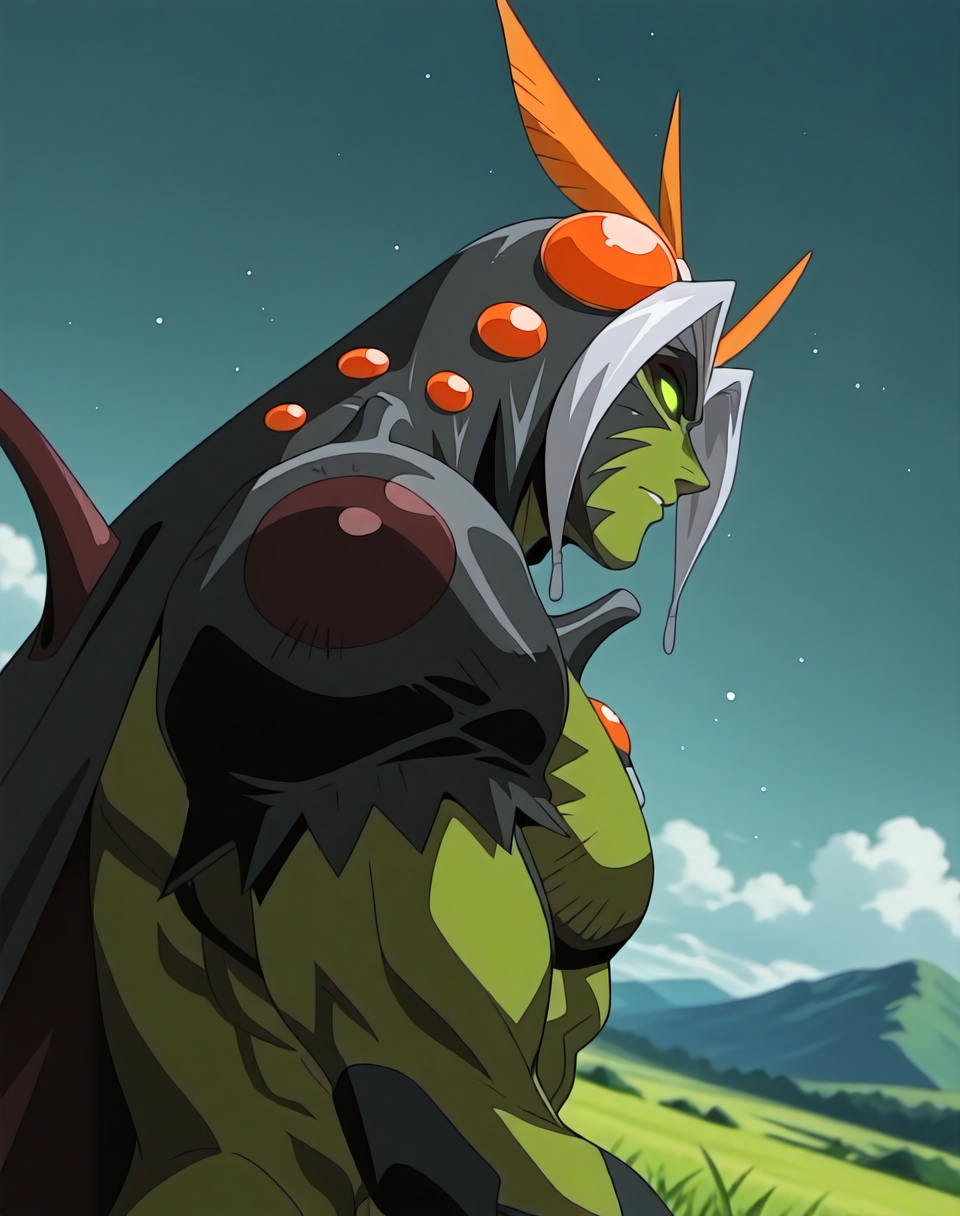 <lora:Ryokuga_(La_Blue_Girl_Returns)_(Illustrious)_(AD):1.35> Ryokuga, muscular, insect man, 
dutch angle, exterior, mountains, grass, 
male focus, gradient coloring, solo, close up, profile shot, green body, green face, villain, hyper muscular, large shoulders, large biceps, glowing eyes, 
BREAK very awe, aesthetically pleasing, masterpiece, best quality, amazing quality, very aesthetic, perfect depth of field shot, in'ei, 
Smooth Quality, lazympos, IllustQualXL_Pos,