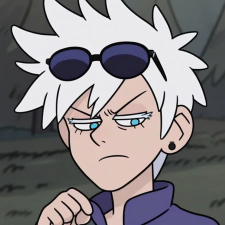 , aid291, Expressiveh, ng_deepnegative_v1_75t,gravity_falls,  dominating, bored, 1boy, gojou satoru, white hair, short hair, spiked hair, blue eyes, colored eyelashes, sunglasses, hair between eyes, solo