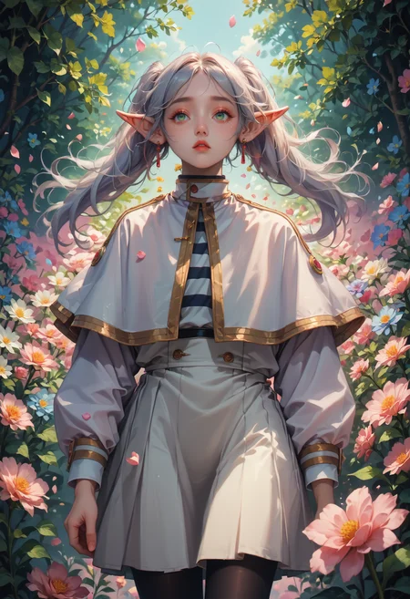 score_9,score_8_up,score_7_up,flower field,flowers,petals,colorful,plant,<lora:frieren-ponyxl-lora-nochekaiser>,frieren,long hair,twintails,green eyes,grey hair,pointy ears,elf,shirt,long sleeves,jewelry,pantyhose,earrings,striped,black pantyhose,capelet,striped shirt,skirt,white skirt,tears,floating hair,black striped,zPDXL2,<lora:add-detail-xl:1.5>,<lora:flowers:0.8>,valentinenaturestyle,looking to the side,streaming tears,<lora:nostalgic_east_1.1:0.8>,flower,<lora:Dreamyvibes artstyle SDXL - Trigger with dreamyvibes artstyle:0.8>,Dreamyvibes Artstyle,