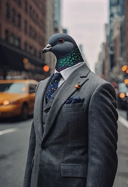 A pigeon wearing a suit in nyc, sharp image, extreme details, 8k resolution<lora:add-detail-xl:1> <lora:MJ52:0.5> <lora:sss:0.5>, Cinematic photography, movie mood, cinematic light, compelling composition, storytelling elements, conveys emotion, mood, and narrative depth, creating visually striking images that feel like still frames from a film