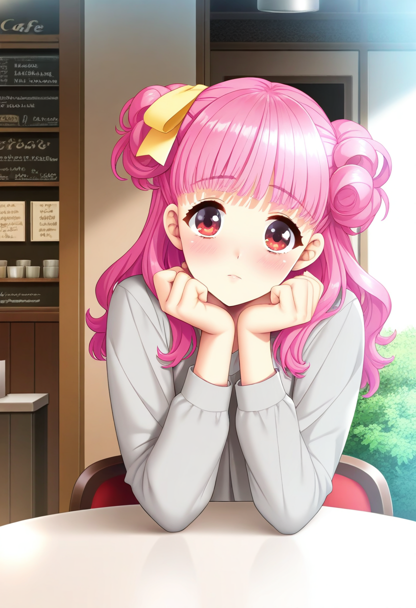 masterpiece,best quality,amazing quality,very aesthetic,absurdres,newest,scenery,<lora:Suzuki Miho_doukyuusei re_ilxl_v1-000009:0.6>,suzuki miho\(doukyuusei re\),1girl,ribbon,solo,long hair,red eyes,pink hair,cafe,head rest,table,sitting,looking at viewer,blush,grey shirt,