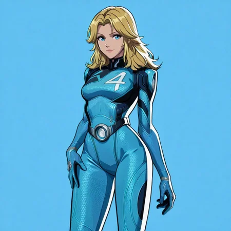 masterpiece, best quality, newest, absurdres, highres, anime, anime style, 1girl, SueStormBaseSkinRecolorV1.1, blonde hair, blue eyes, bodysuit, blue bodysuit, "4"print on bodysuit,