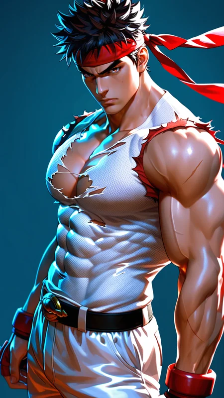 score_9, score_8_up, score_7_up, i want the whole image to be created in 3D anime style, solo, looking at viewer, short hair, black hair, 1boy, closed mouth, male focus, cowboy shot, sleeveless, torn clothes, muscular, headband, frown, scar, abs, thick eyebrows, pectorals, muscular male, bara, large pectorals, veins, black belt, serious, white pants, torn shirt, dougi, red headband, ryu (street fighter)