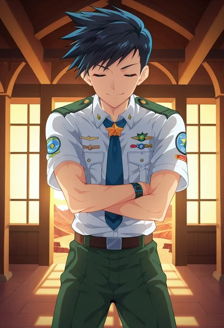 masterpiece, best quality, intricate details, anime screencap, anime coloring, official style, , , 1boy, solo, male focus, <lora:natsumi_hamasaki_ilxl:0.98>, natsumi_hamasaki, black hair, blue eyes, short hair, uniform, cowboy shot, grand canyon, indoors, light, (dynamic pose), (closed eyes:1.2), smile,