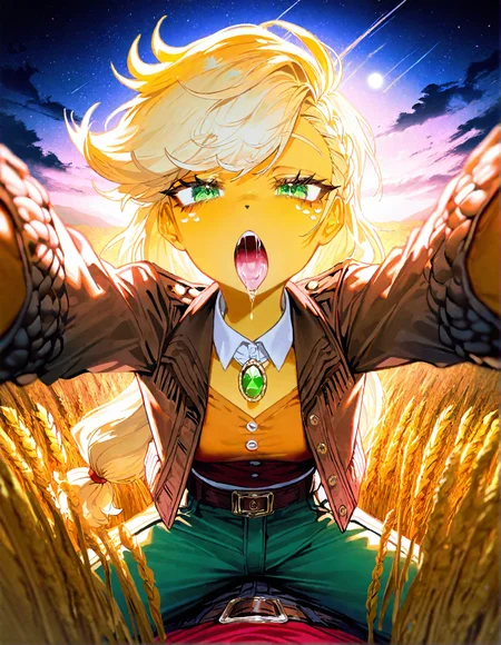applejack , 1girl, blonde_hair , cloud ,colored_skin, furry, furry_female, long_hair,orange_skin ,outdoors, personification , solo, , wheat_field,Straw ,dot_nose, freckles, green_eyes , medium breast,night, moon,  deep night, galaxy,
green_pants, jacket,long_hair, official_alternate_costume, open_jacket, pants, single_braid, yellow_shirt,adapted_costume , braid ,brooch ,brown_belt, brown_hat, brown_jacket, buttons, cowboy_hat ,detached_collar, knee_boots,  windy,from blow, incoming_kiss, looking_at_viewer , outstretched_arms ,pov, , steaming body, girl on top,naughty_face ,tongue ,tongue_out ,,open mouth, saliva,saliva_trail ,saliva_drip ,
rella, rolua,  quasarcake:0.8, negative space,  very awa,
masterpiece, best quality, Good quality, very aesthetic, absurdres, newest, (Perfect details),
<lora:ponyv5_noobV065S_1_adamW:0.8>, <lora:illustrious_noobai_epsilon_pred_1_best_quality_v1:0.7> ,<lora:illustrious_noobai_epsilon_pred_11_very_aesthetic_v1:0.7> ,<lora:illustrious_noobai_epsilon_pred_1_masterpieces_v1:0.7> , <lora:Straw_thread:1>
