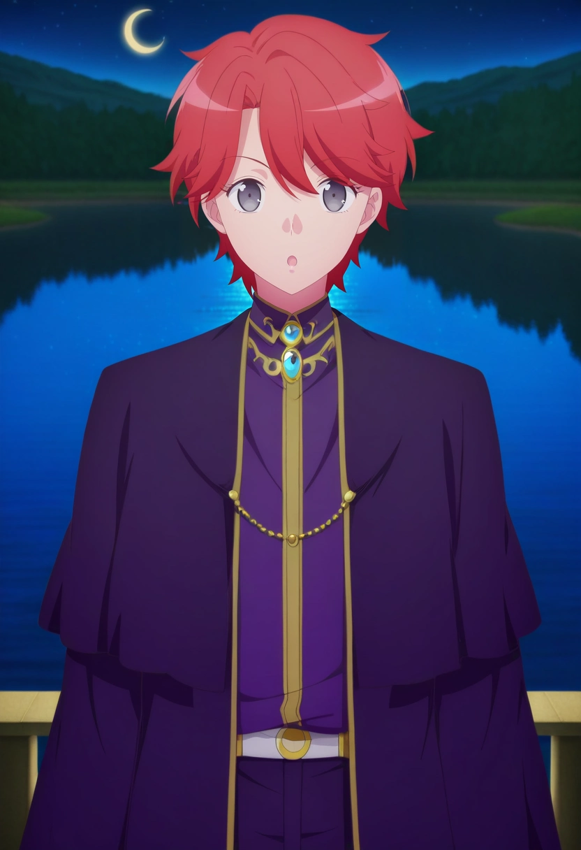 masterpiece, best quality, intricate details, anime screencap, anime coloring, official style, looking at viewer, 1boy, solo, male focus, <lora:sirius_dieke_ilxl:0.92>, sirius_dieke, red hair, grey eyes, short hair, , symmetry, lake, night, crescent moon, villain pose, :o,