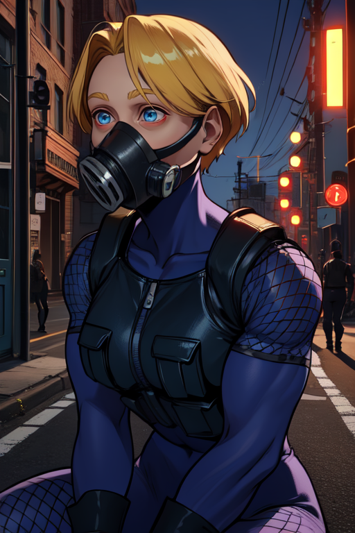 DoctrineDark,blonde hair,blue eyes,muscular,short hair,  shooked,
DDArmor, armor,gas mask,fingerless gloves,bodysuit, swat vest,,fishnets,
night,  standing, upper body,  solo,  sitting,  street, 
(insanely detailed, beautiful detailed face, masterpiece, best quality)
<lora:DoctrineDark:0.8>