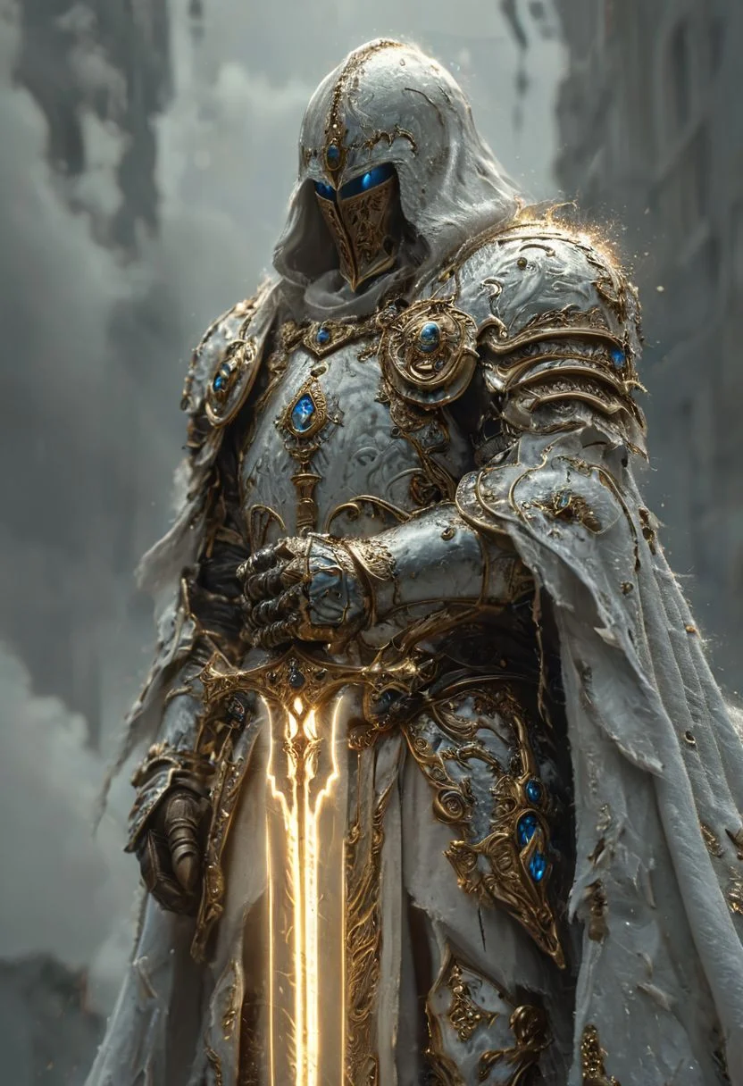 A stunning, highly detailed dark fantasy full body illustration of a proud angelical warrior wearing intricate medieval white HKStyle armor and an epic white ornamented mask, holding a great golden glowing sword, golden and blue glooming eyes, very wide shoulders, wearing big gauntlets, epic composition. The warrior stands heroic with a flowing cloak and white hood during a storm with foggy gloom, thunderclouds in the background . The scene depicts him with brooding emotional agony , style by Greg Rutkowski, by Milo Manara and Russ Mills, with insanely intricate details and textures, gloomy dramatic lighting, 8K resolution
