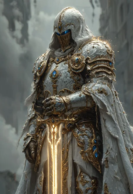 A stunning, highly detailed dark fantasy full body illustration of a proud angelical warrior wearing intricate medieval white HKStyle armor and an epic white ornamented mask, holding a great golden glowing sword, golden and blue glooming eyes, very wide shoulders, wearing big gauntlets, epic composition. The warrior stands heroic with a flowing cloak and white hood during a storm with foggy gloom, thunderclouds in the background . The scene depicts him with brooding emotional agony , style by Greg Rutkowski, by Milo Manara and Russ Mills, with insanely intricate details and textures, gloomy dramatic lighting, 8K resolution