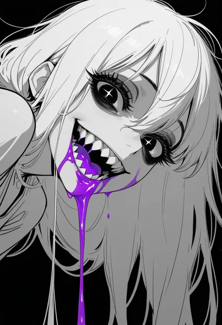 tfaix
black eyes, bags under eyes,
big eyes, (black eyeshadow:0.8), thick eyelashes,
from side, monochrome, greyscale, simple background, black background,
looking at viewer, looking down, (wild, crazy smile:1.2), solo, 1girl, close-up, perspective, (sharp teeth:1.2), purple liquid on mouth, purple liquid on face, half-closed eyes, + +, black eyeliner, white hair,
masterpiece, best quality, amazing quality,
dark messy sketch, messy lineart, unfinished,
(horror \(theme\),:1.2)