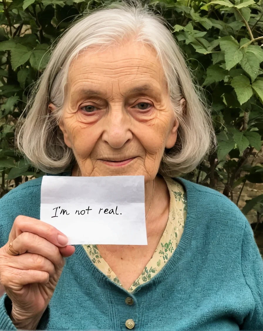 phone camera photo of a plain old woman holding a pice of paper with handwritten text '' i'm not real''