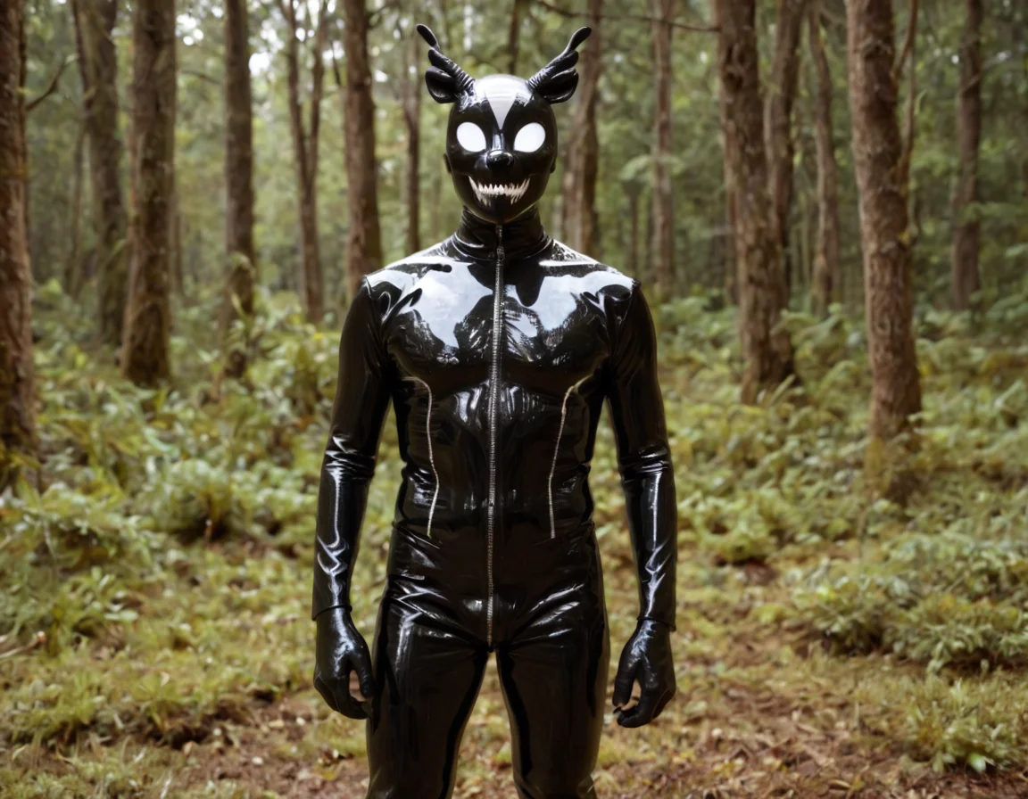 a hybrid human galago animal wearing a latex costume, in a forest where the trees have latex trunks