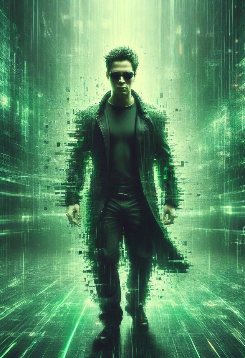 The Matrix poster with big (digital, cyber style text) ("The Matrix":1.5) In a futuristic, digital world, Neo stands in a fighting stance, with a cascade of green code falling in the background. Surrounding him are the iconic urban elements of the Matrix, including skyscrapers and dark alleyways. The scene is photographed from a dynamic angle, highlighting the realism of the digital effects and Neo's intense focus. The lighting emphasizes the contrast between the dark, shadowy environment and the glowing green code, creating a thrilling and otherworldly atmosphere. 
 <lora:aidmaGlitchStyle-v0.1:0.75> glitch, flickering, digital, glitching
 <lora:SDXLFaeTastic2400:0.35>
 <lora:aidma-Image Upgrader-v0.1:0.4>