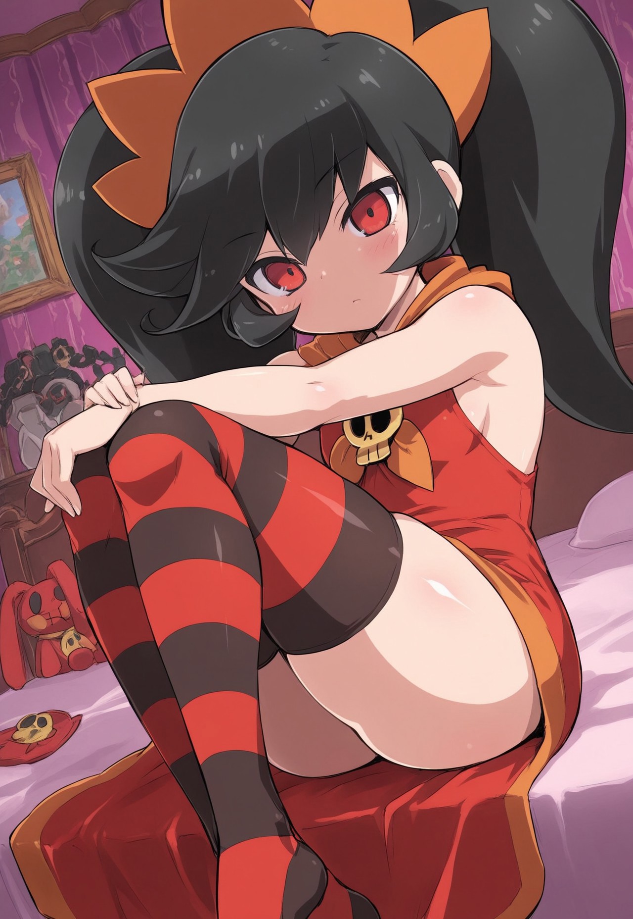 safe_pos, score_9_up, score_8_up, score_7_up,<lora:add-detail-xl:-1>, ultra detailed, masterpiece, beautiful face, beautiful eyes, amazing quality, aesthetic, absurdres, perfect, perfection, beautiful face, 4k quality, warioware, nintendo style,
best quality, cinematic angle, masterpiece, athletic sexy body, young, (18 yo), ashley, black hair, twintails, 1 girl, red dress, cute pose, stuffed toy, gloomy, bedroom, goth bedroom, (creative pose:1.5), thigh highs, striped legwear, sitting on bed,