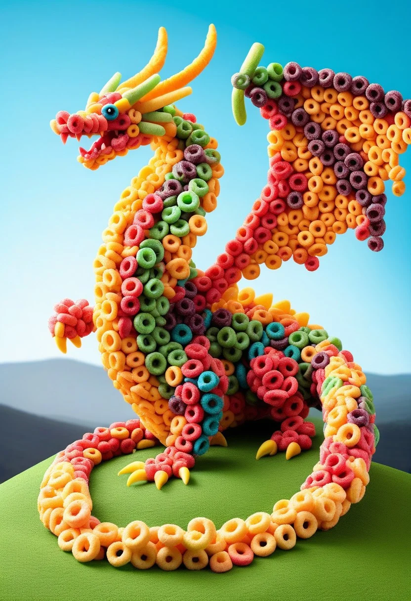 a dragon with wide wings made of fruit loops on a hill made of fruit loops